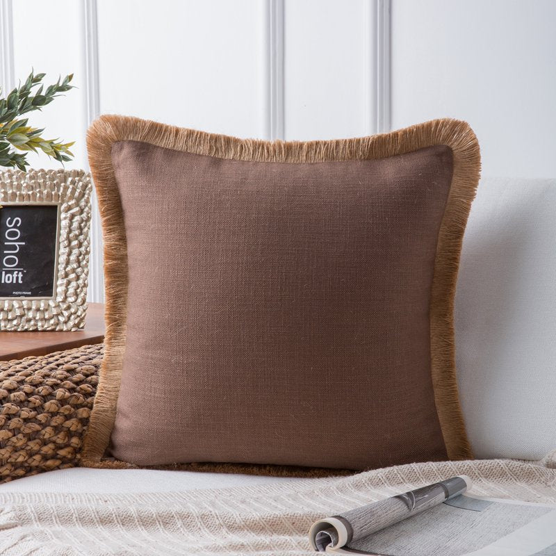 Farmhouse Linen Tassel Throw Pillow 18x18 Brown - 2 Pack