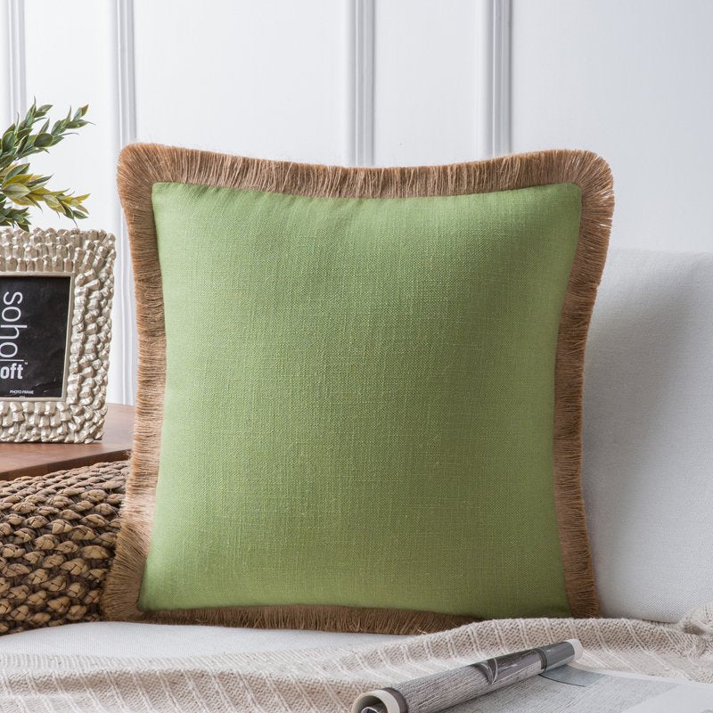 Green Linen Tassel Trimmed Farmhouse Throw Pillow 18x18 with Insert - 1 Pack