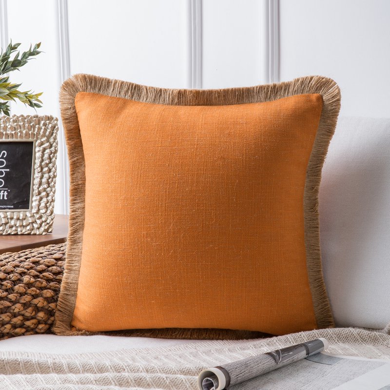 18x18 Inch Linen Tassel Throw Pillow - Farmhouse Decor, Orange - 1 Pack