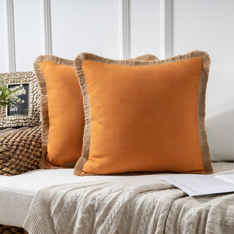 Farmhouse Linen Tassel Throw Pillow Set - 18x18 Inches, Orange, 2 Pack