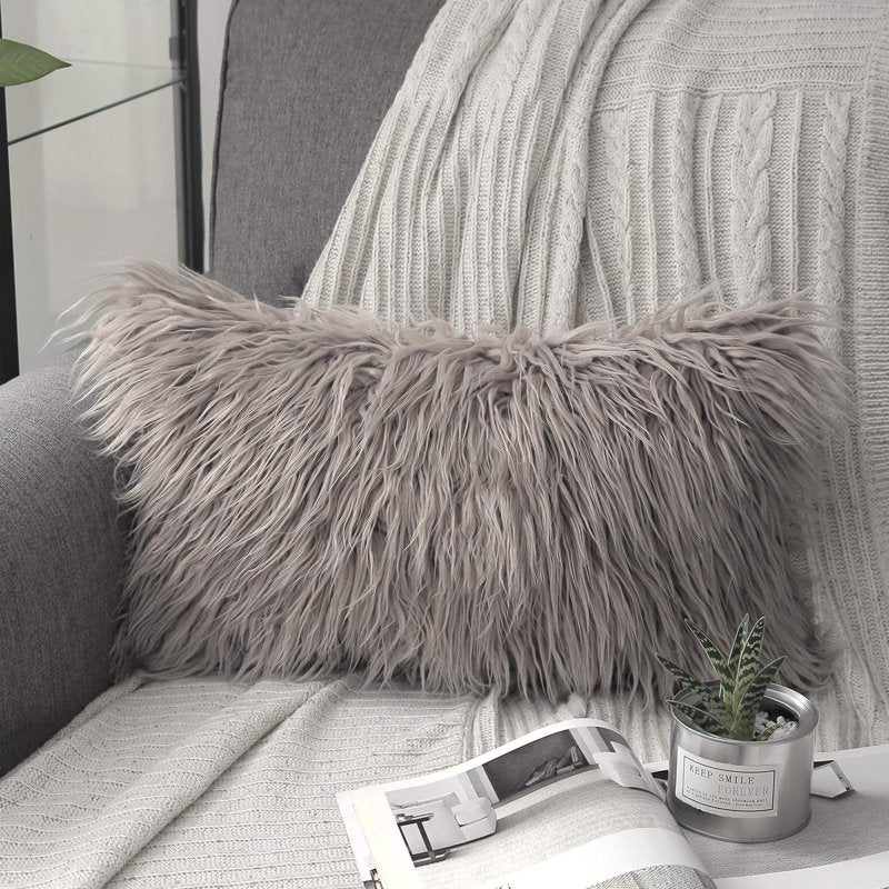 12x20 Inch Faux Fur Throw Pillow - Beige Decorative Cushion with Hidden Zipper