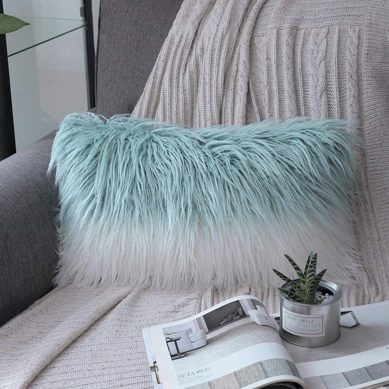 Decorative Faux Fur Throw Pillow 12x20 Blue White Solid - Merino Style