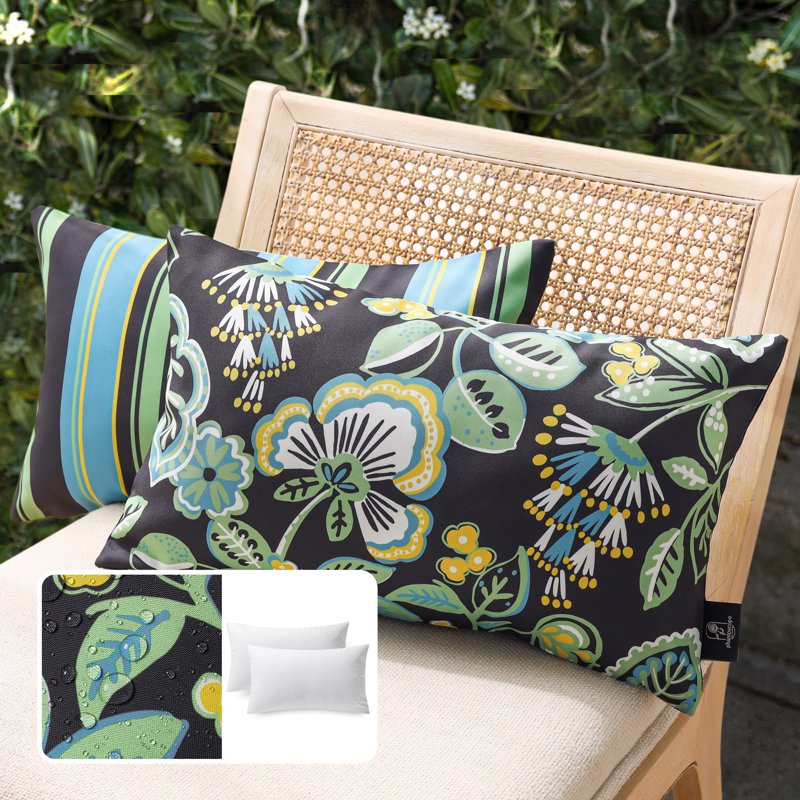 Outdoor Waterproof Floral Throw Pillow Set - Dark Green 12x20 Inch, Pack of 2
