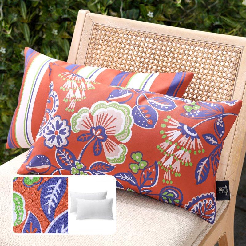 Outdoor Waterproof Floral Throw Pillow Set 12x20 Inch Orange Red - Pack of 2