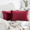 12x20 Velvet Throw Pillow Set - Dark Red Decorative Cushion with Pom Poms - 2 Pack