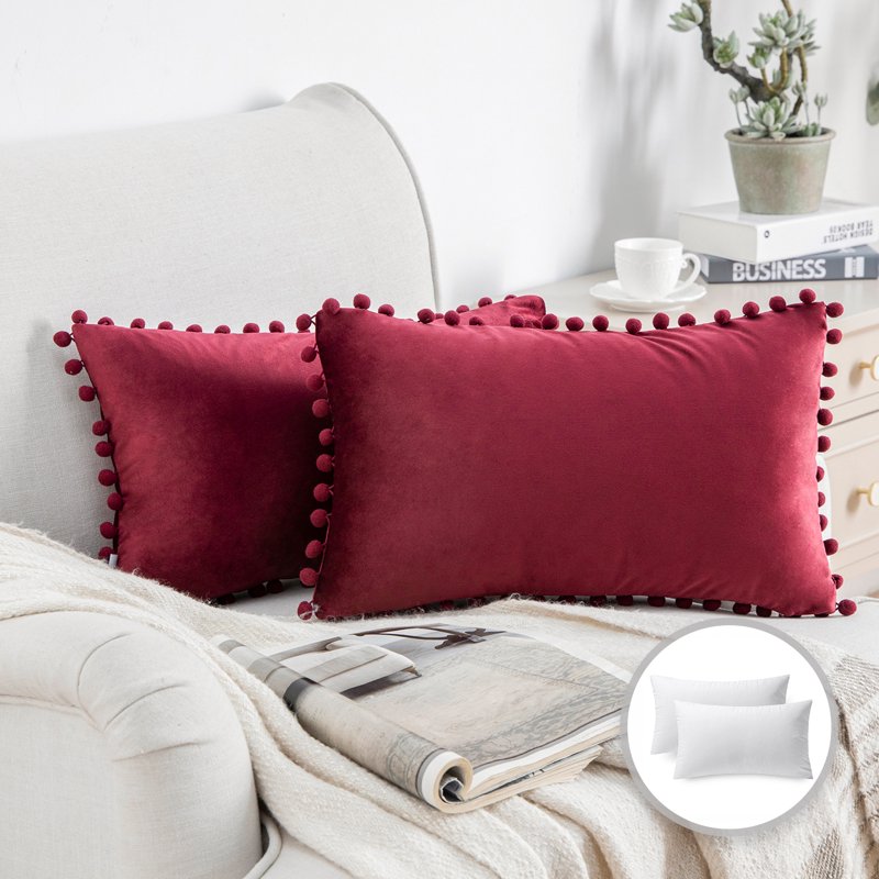 12x20 Velvet Throw Pillow Set - Dark Red Decorative Cushion with Pom Poms - 2 Pack