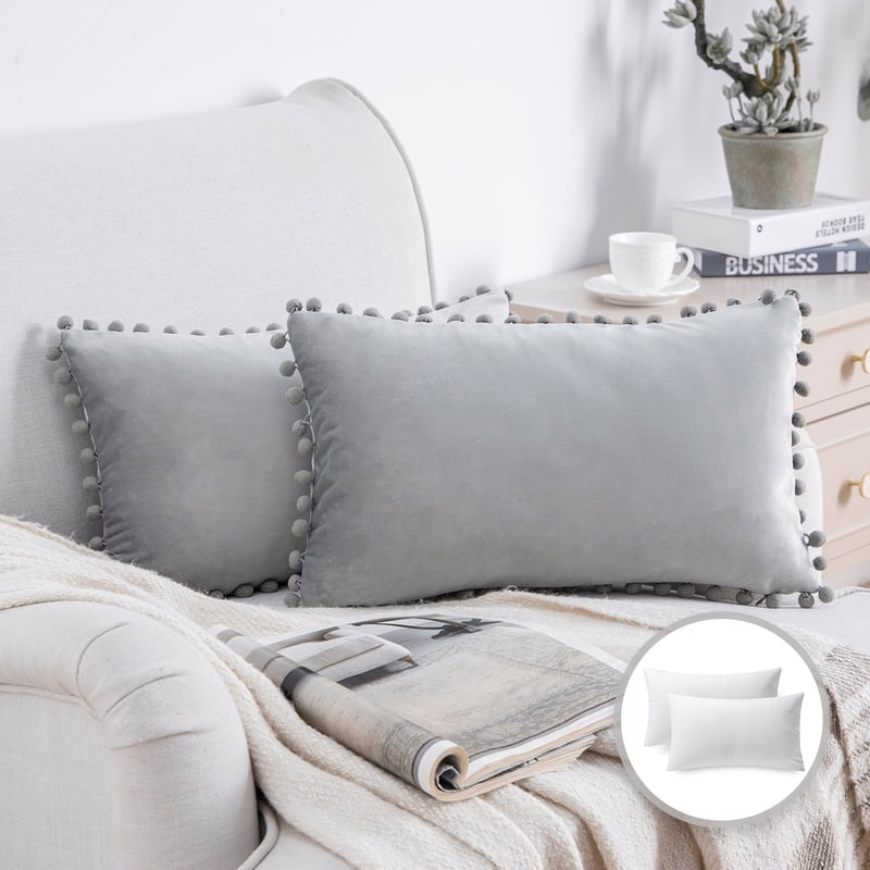 12x20 Inch Grey Velvet Throw Pillow Set of 2 - Pom Pom Accent Decor