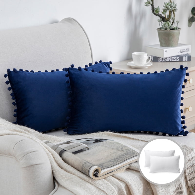 12x20 Navy Blue Velvet Throw Pillow Set of 2 - Pom Pom Accent Decor