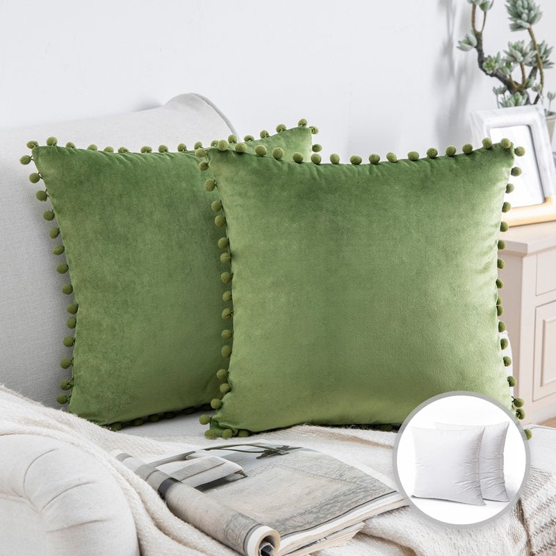 Green Velvet Throw Pillow Set 18x18 Inches with Pom Poms - 2 Pack