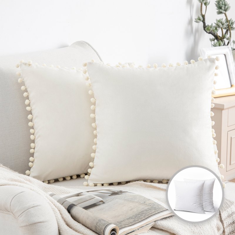 Decorative Velvet Throw Pillows Set of 2 - 18x18 Inches Off White