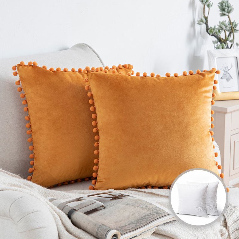 Decorative Velvet Throw Pillow Set - 18x18 Inch Orange, 2 Pack