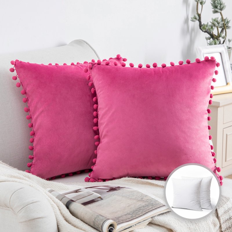 Phantoscope Pom Pom Velvet Throw Pillow Set - 18x18 Inches, Pink, 2 Pack