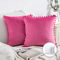 Phantoscope Pom Pom Velvet Throw Pillow Set - 18x18 Inches, Pink, 2 Pack