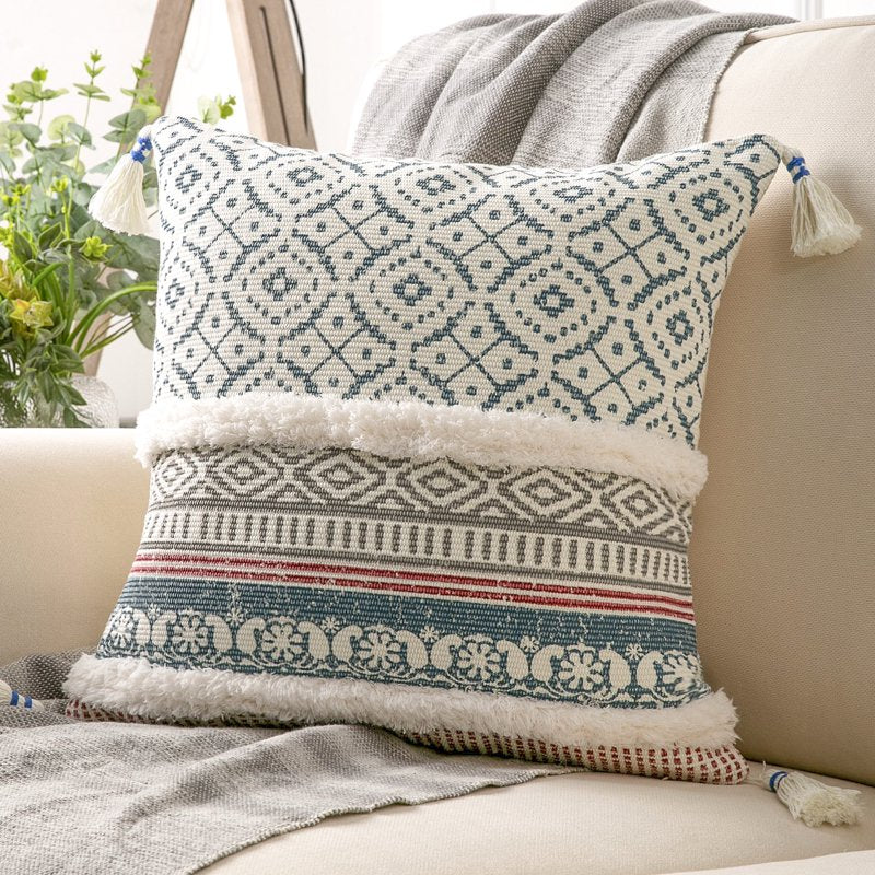 Boho Woven Tufted Throw Pillow with Tassels - 18x18 Blue - Variation of Weave