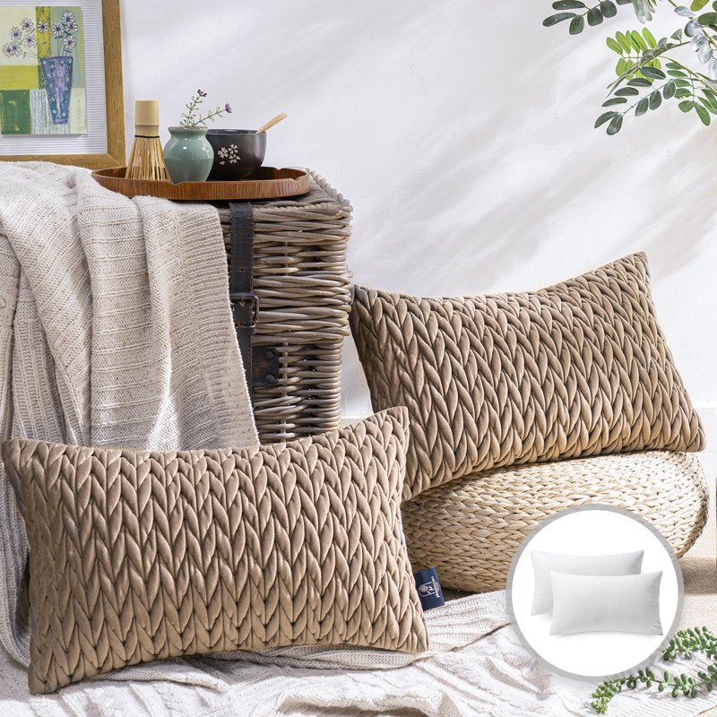 12x20-Inch Light Brown Velvet Quilted Braid Textured Throw Pillow Set of 2