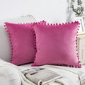 18-Inch Pink Velvet Throw Pillow Set with Pom Poms - Pack of 2