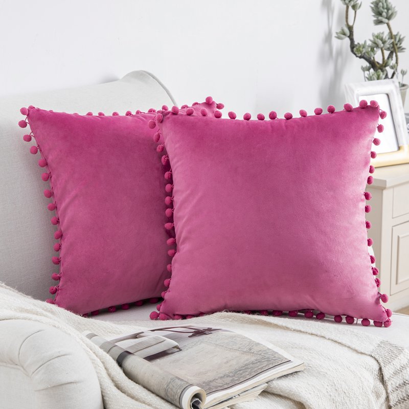 18-Inch Pink Velvet Throw Pillow Set with Pom Poms - Pack of 2