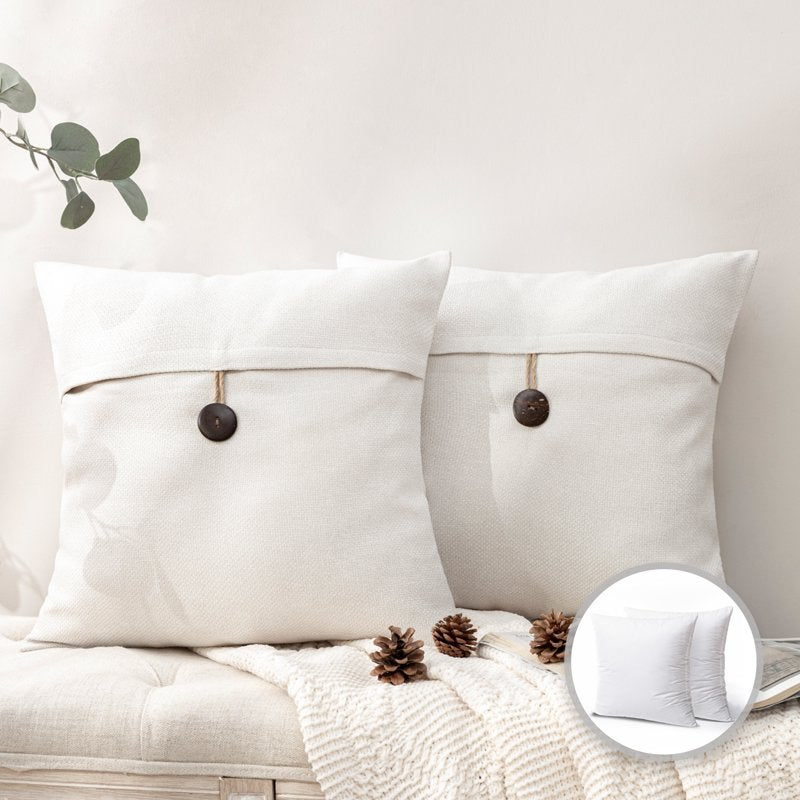 20x20 Inch Cotton Blend Decorative Throw Pillow Off-White 2 Pack - Button Accent Variation