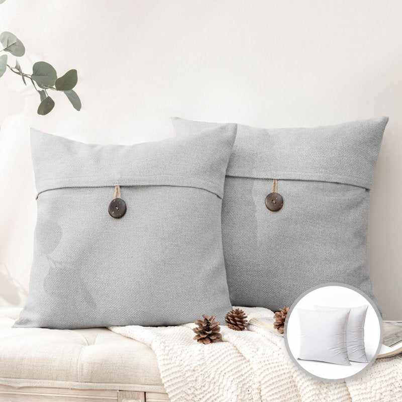 22x22 Inch Light Grey Cotton Blend Throw Pillow with Single Button - 2 Pack