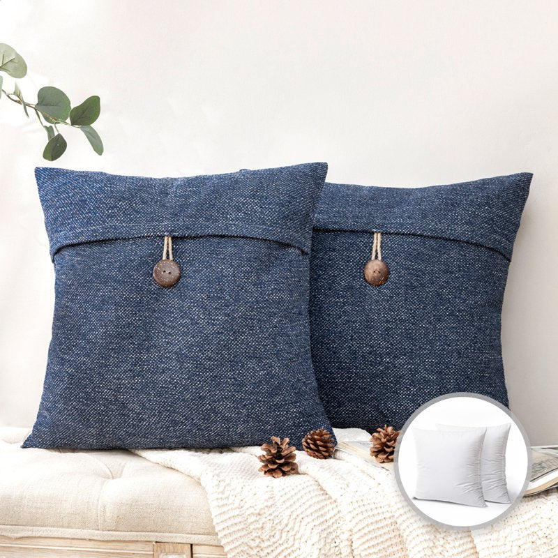 22x22 Navy Blue Cotton Blend Farmhouse Square Throw Pillow Set - Single Button Design