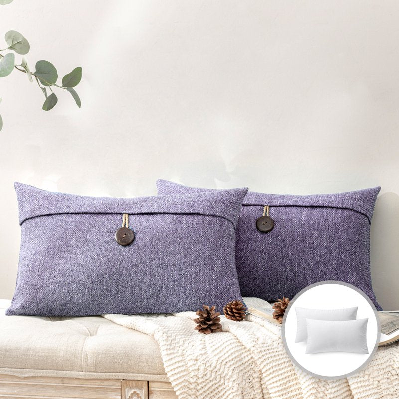 12x20 Light Purple Cotton Blend Farmhouse Square Throw Pillow Set - Single Button Design