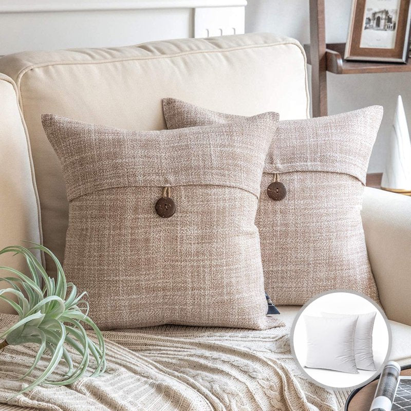 Linen Decorative Throw Pillow 20x20 Inch Beige Single Button 2 Pack