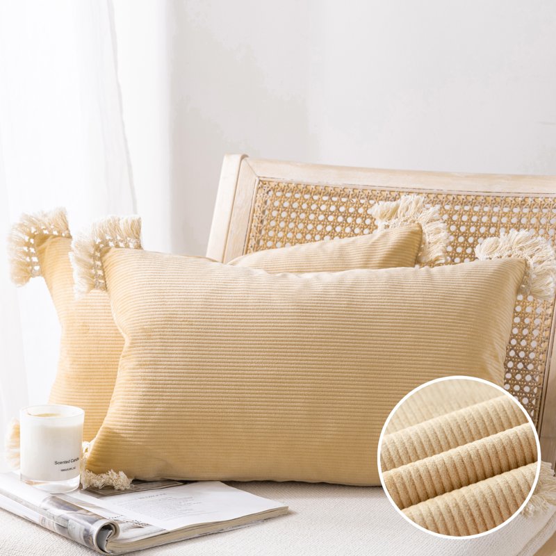 Beige 12x20 Corduroy Velvet Throw Pillow Set with Cotton Tassels - 2 Pack