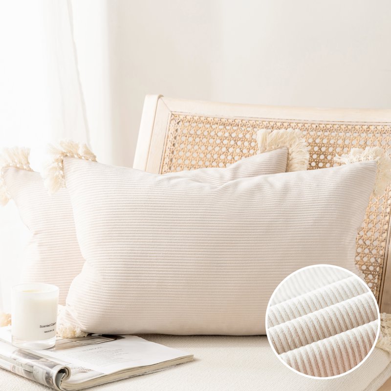 12x20 Inch Off White Corduroy Velvet Throw Pillow Set with Cotton Tassels