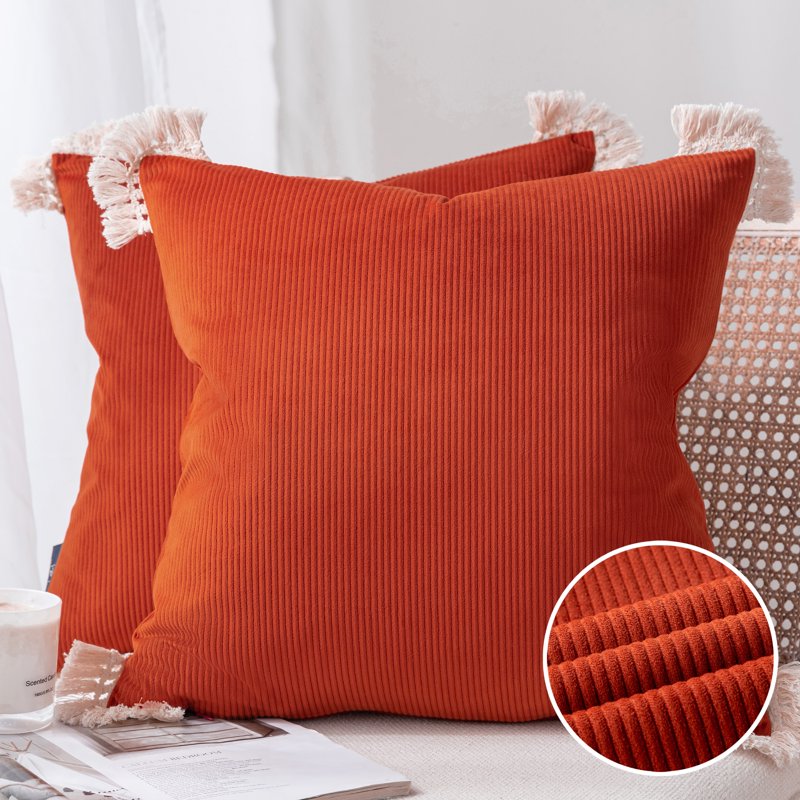 18x18 Inch Red Corduroy Velvet Throw Pillow with Cotton Tassel Set - 2 Pack