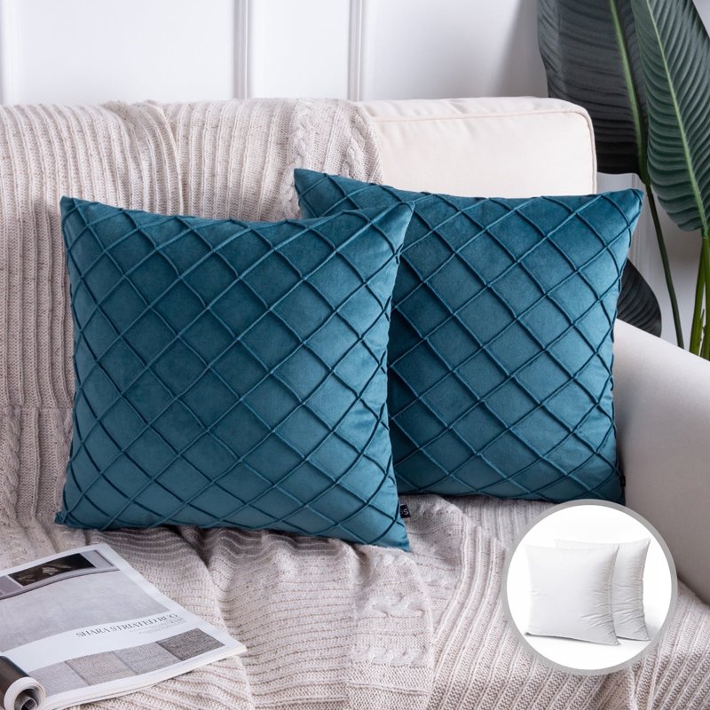 Blue Pleated Velvet Pillow Covers 18x18 Set of 2 - Decorative Throw Pillow Cases for Couch & Bed