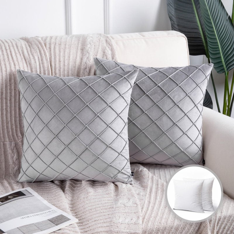 Light Grey Pleated Velvet Pillow Covers 18x18 Inch Set of 2 - Decorative Throw Pillow Cases for Couch & Bed