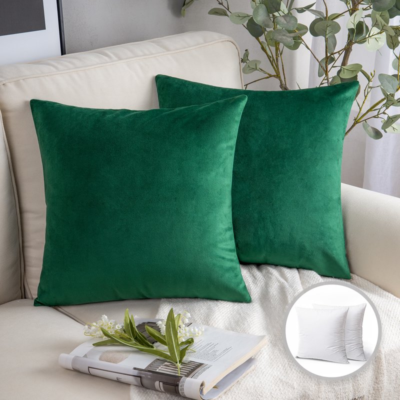 20x20 Inch Dark Green Velvet Decorative Throw Pillow Pair - Soft & Silky