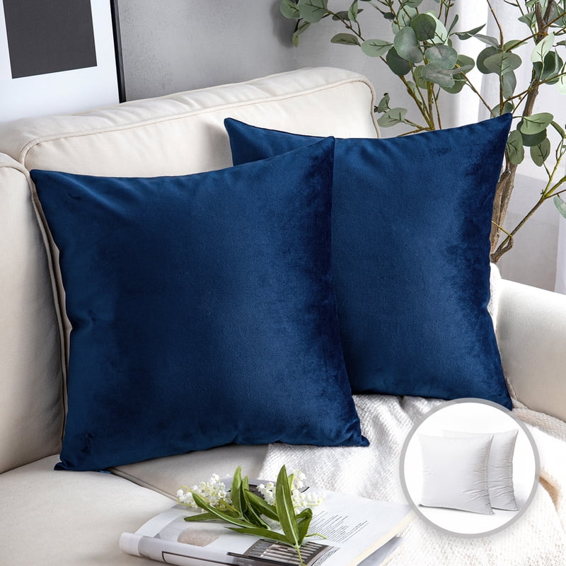 Navy Blue 20x20 Inch Velvet Throw Pillow Set - Soft Decorative Cushions, Square, 2 Pack