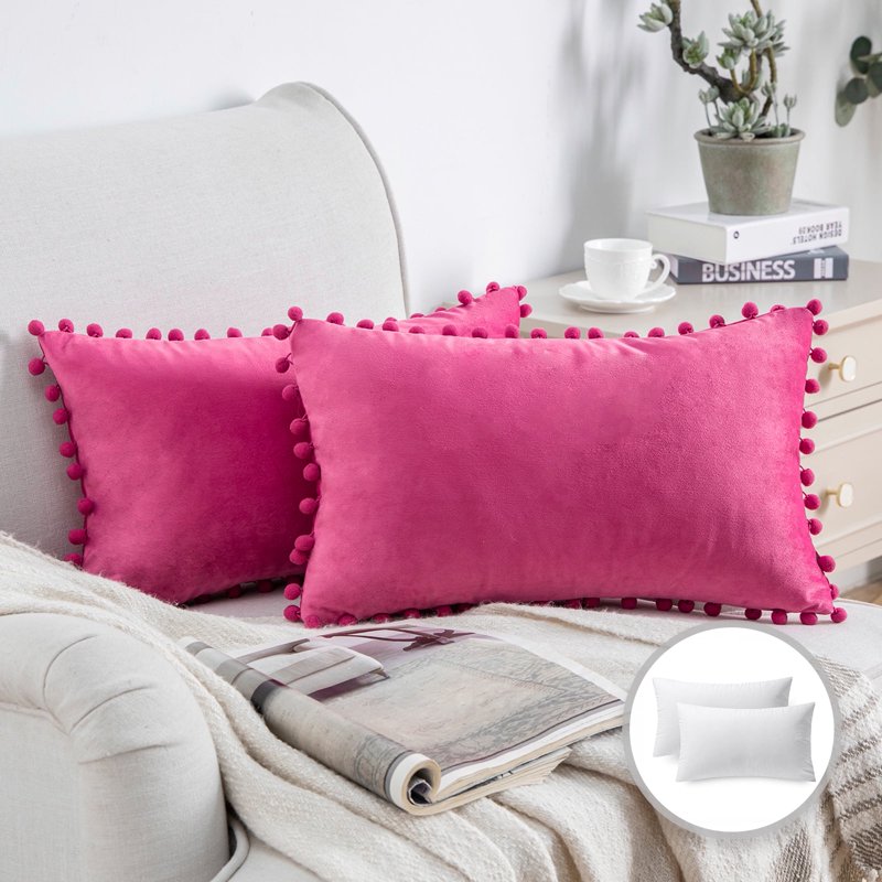 12x20 Pink Velvet Throw Pillow Set with Inserts - Decorative Pom Pom Accent Cushions