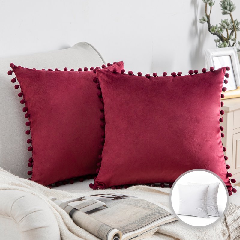 2 Pack Velvet Throw Pillows with Inserts - 18x18 Dark Red Decorative Cushions