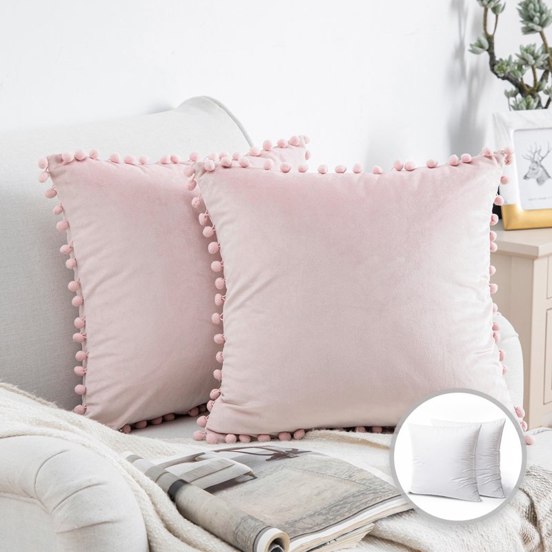 18x18 Light Pink Velvet Throw Pillow Set with Inserts - Pom Pom Decor