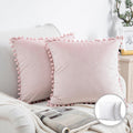 18x18 Light Pink Velvet Throw Pillow Set with Inserts - Pom Pom Decor
