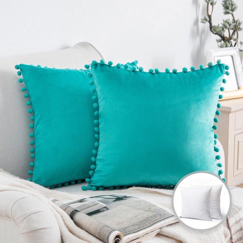 22-Inch Silky Velvet Throw Pillow Set with Inserts - Turquoise, 2 Pack
