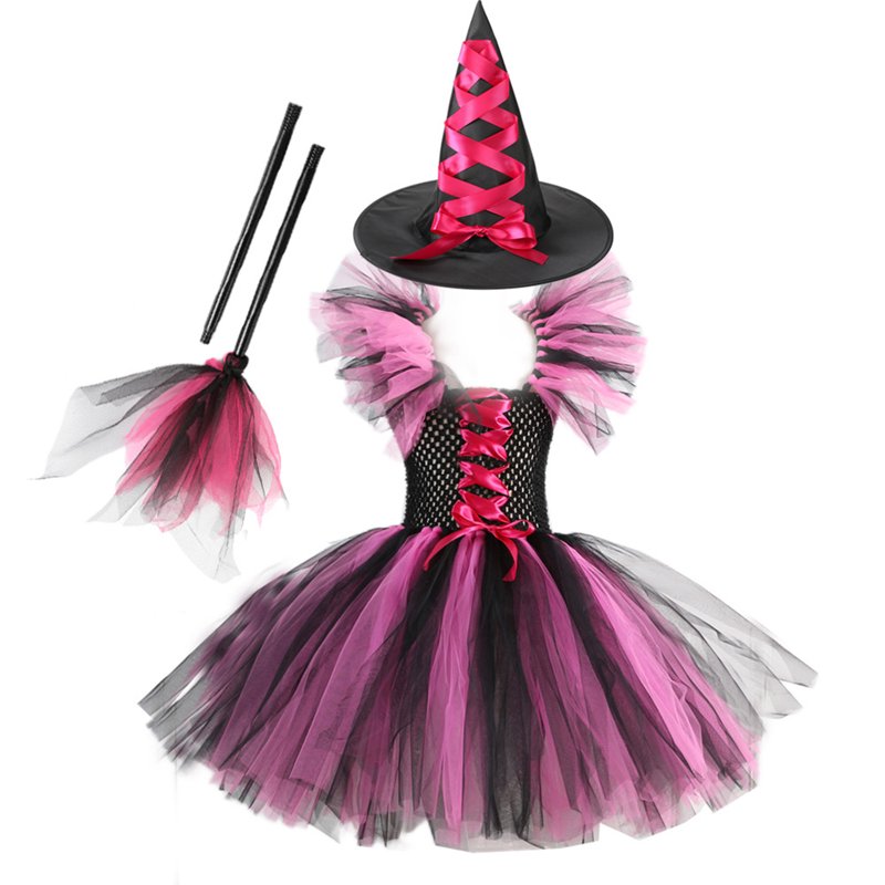 Girls Halloween Witch Costume with Hat and Broom - Rosered, 2-3T