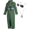 Kids Fighter Pilot Costume Green 7-8 Years Air Force Flight Suit Roleplay Dress Up
