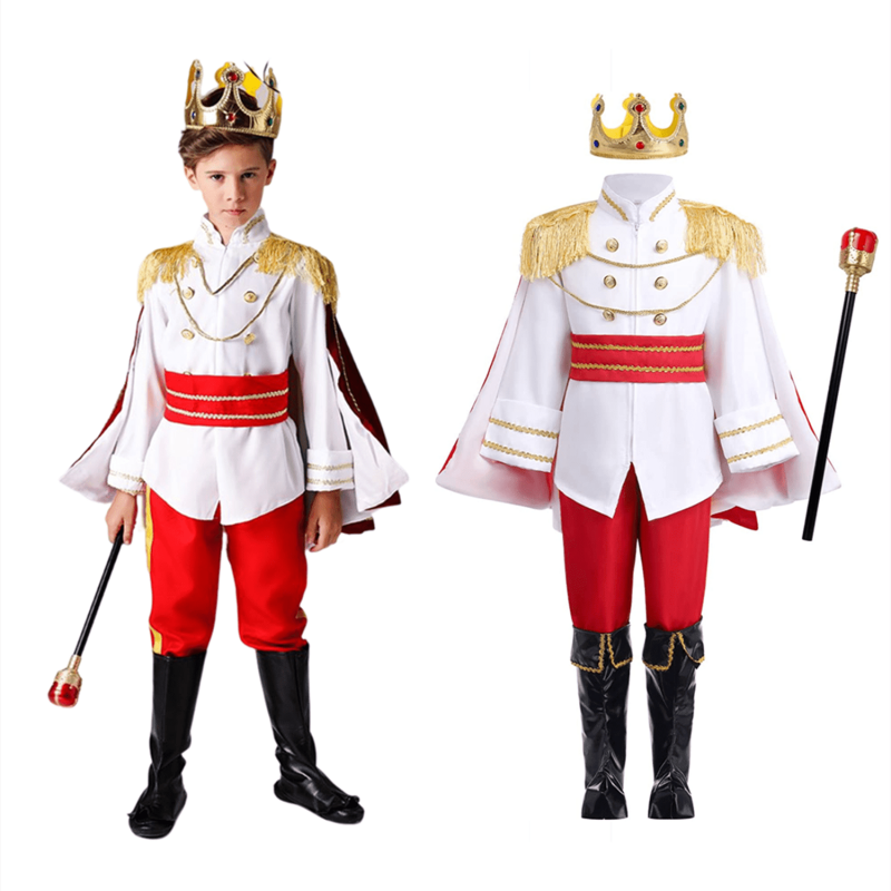 Kids Medieval Prince Costume Set - Royal Outfit with Crown & Scepter, White, 9-10 Years