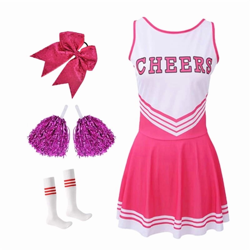 Pink Girls Cheerleader Costume Outfit Set 150cm Halloween Party Dress with Pom Poms & Socks - Variation of THIS listing