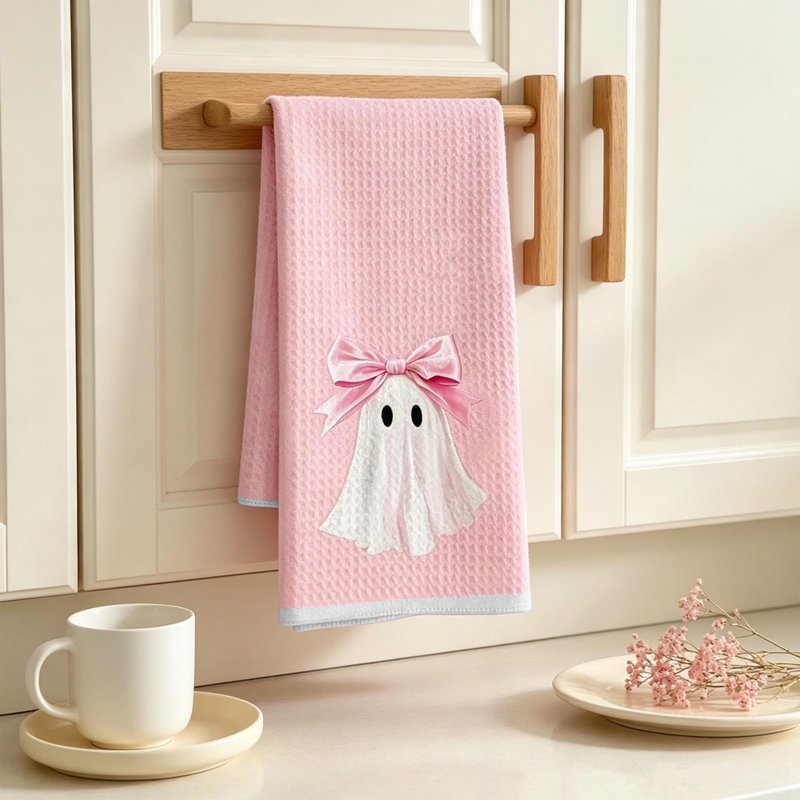 Pink Ghost Halloween Kitchen Hand Towel - Cute Fall Bathroom Decor - Variation K-A