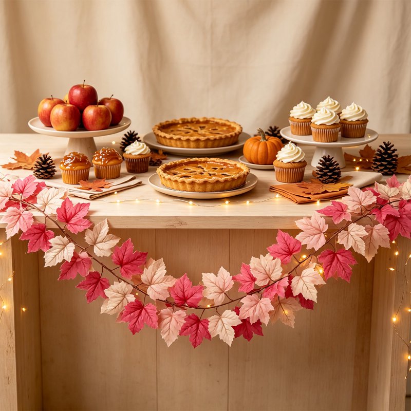 Pink Maple Leaf Garland for Fall Home Decor - 70.87 Inch Artificial Vine, Bendable Autumn Foliage with Cream Leaves - Pink Garland Variation 2