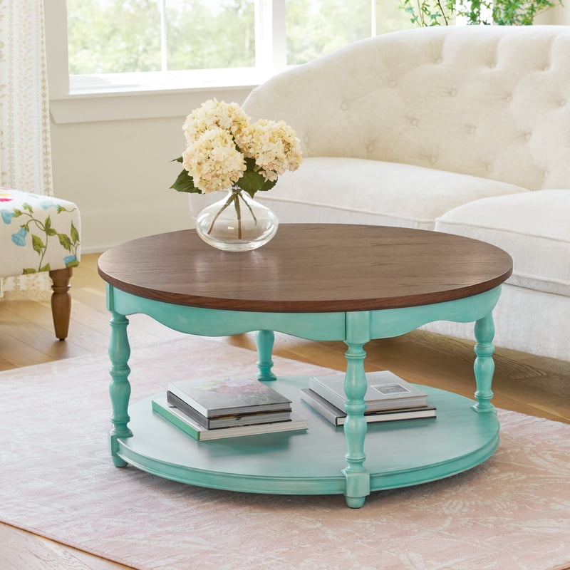 Round Coffee Table with Shelf - Teal
