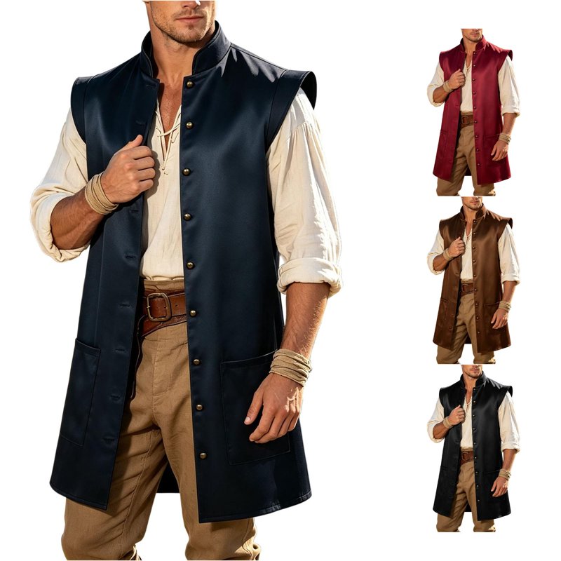 Blue Pirate Costume Jacket Men Sleeveless Medieval Halloween Cosplay 2XL