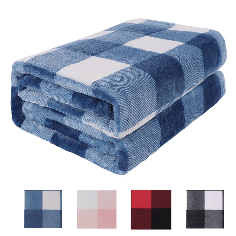 Plaid Plush Fleece Blanket for Sofa 60x78 Denim Blue & White
