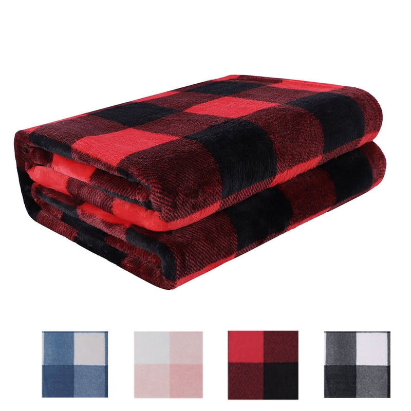 Plaid Plush Fleece Blanket for Sofa Couch Bed - Scarlet & Black 60x78"
