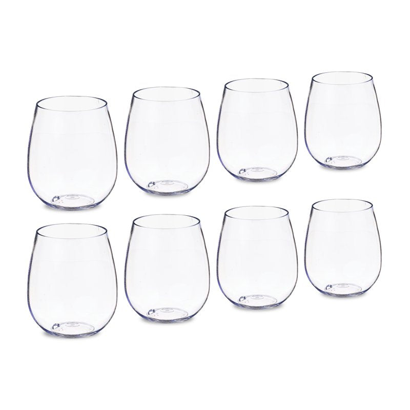 Clear Plastic Wine Glasses - Set of 8, 18.3 Oz Stemless