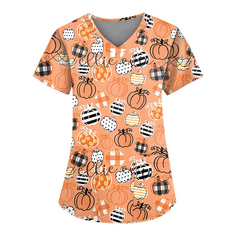 Pink Plus Size Halloween Pumpkin-Headed Bat Printed Scrub Top with Pockets - M Variation